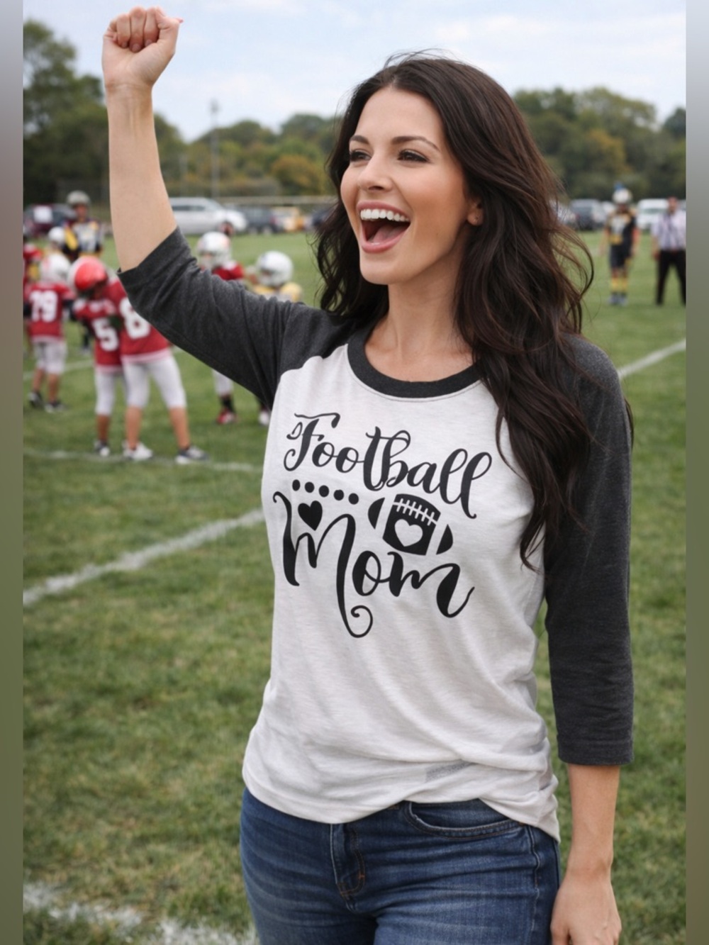 Football Mom Graphic Tee Raglan Sleeve Black White Game Day Shirt Size L